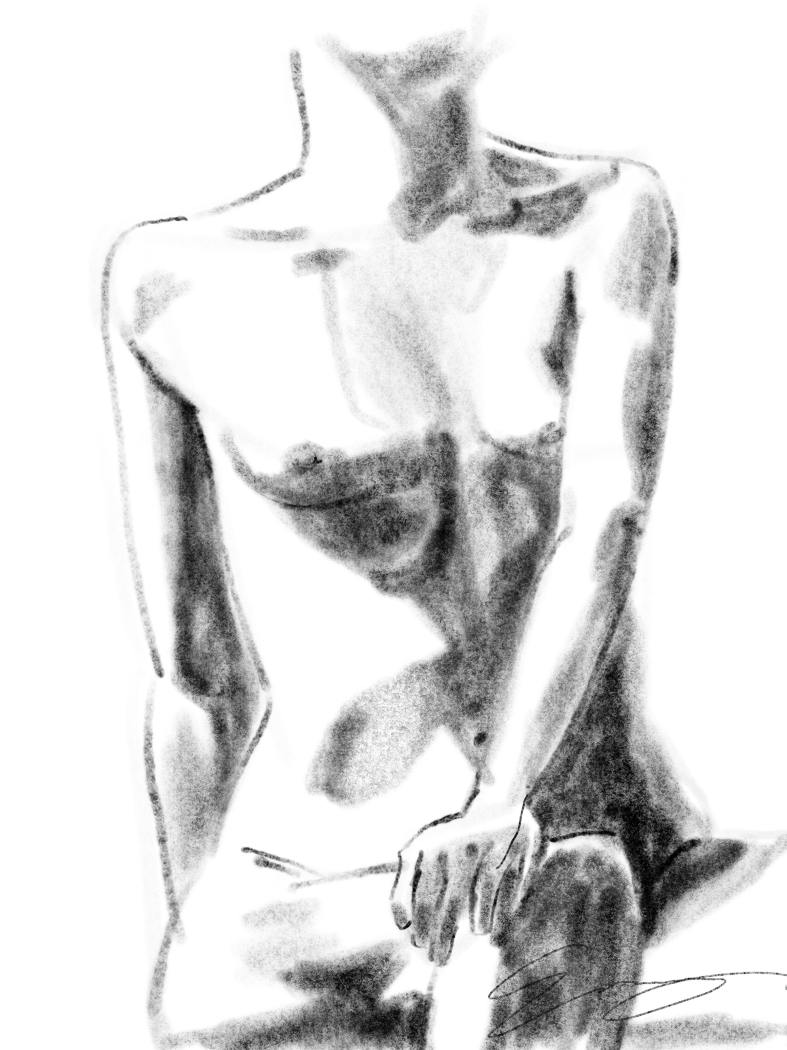 Seated figure against a dark background