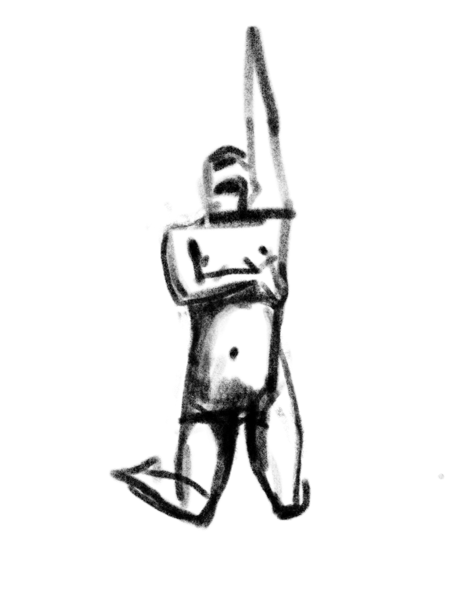 Kneeling figure with one arm raised
